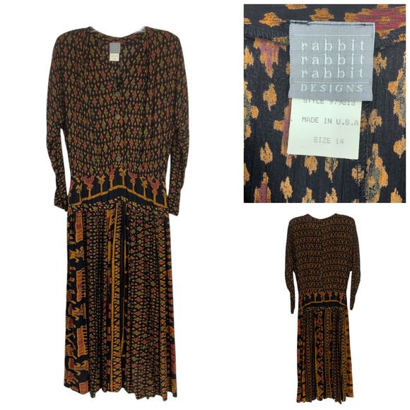 Vintage 1990s Rabbit Rabbit Rabbit Sz 14 Moroccan Dress Button Front Drop Waist - Picture 1 of 8